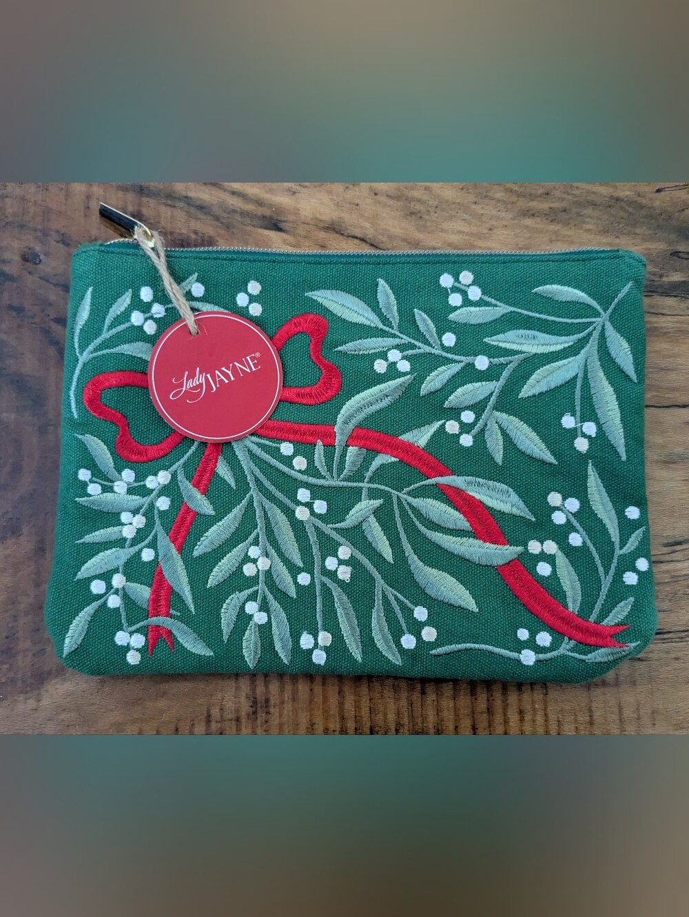 NWT Lady Jane Boutique Christmas Embroidery Mistletoe Red Ribbon Zippered Pouch